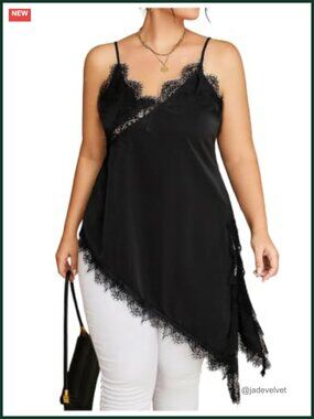 Plus Size Satin Lace Trim Cami V Neck Tank Camisole